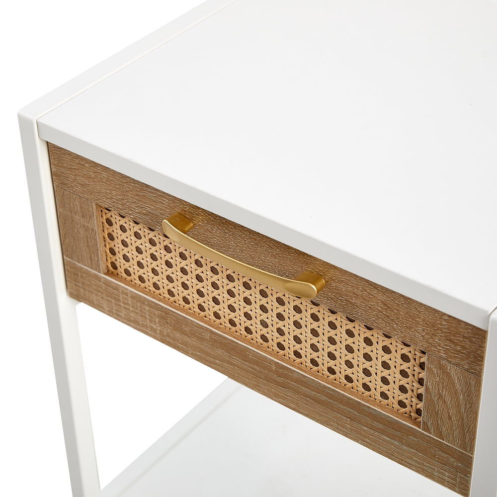 15.74" Rattan End table with drawer, Modern nightstand, metal legs,side table for living room, bedroom,white(1 pc)