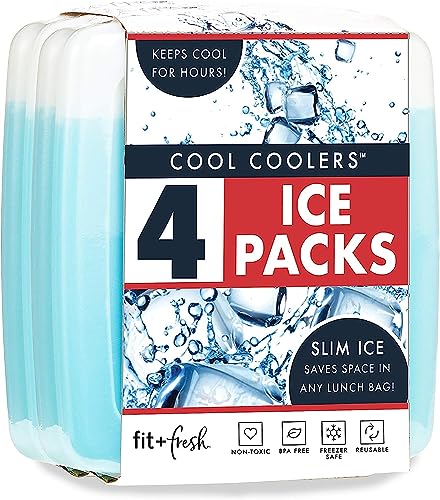Cool Coolers by Fit & Fresh 4 Pack Slim Ice Packs, Quick Freeze Space Saving Reusable Ice Packs for Lunch Boxes or Coolers, Purple