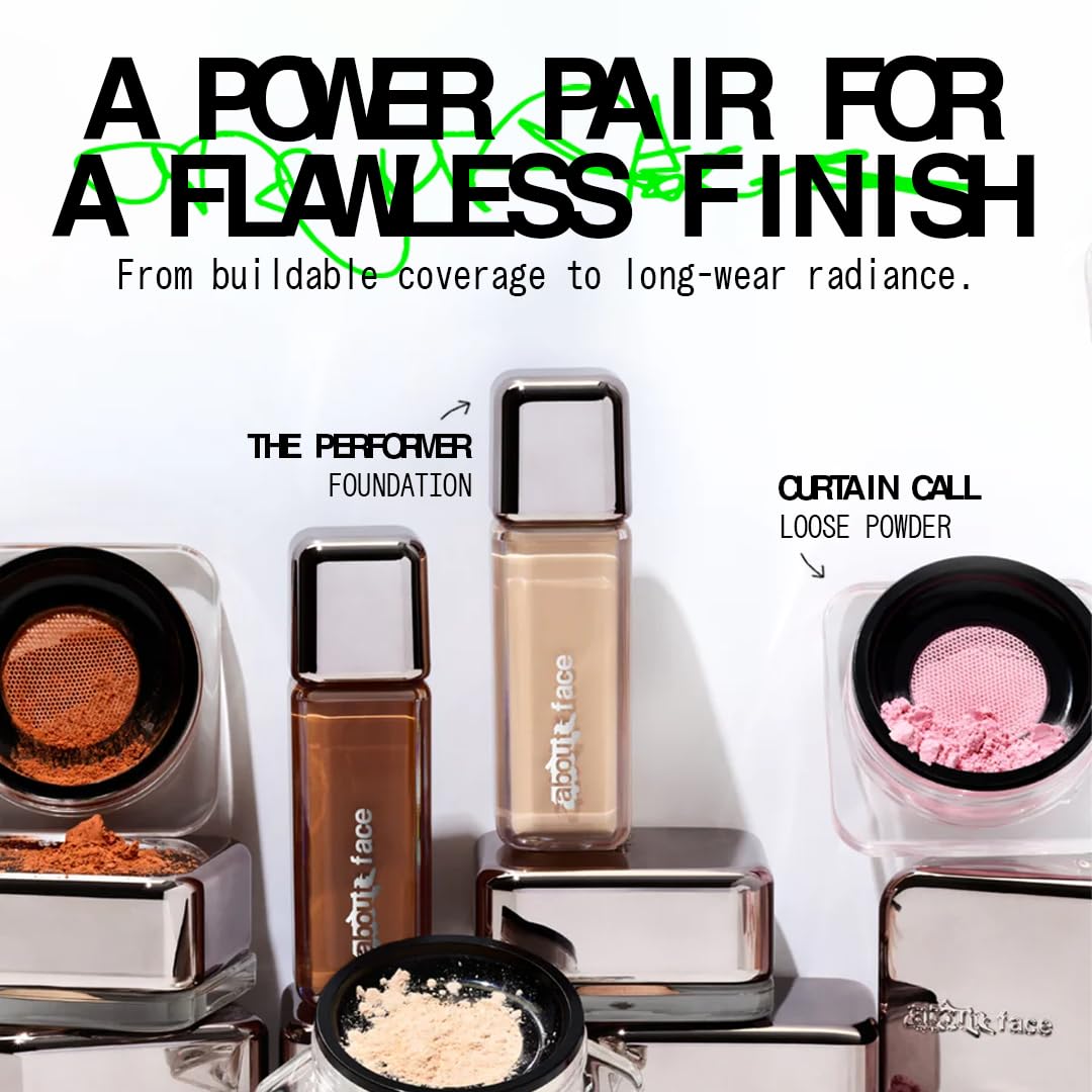 about-face Curtain Call Set & Smooth Loose Powder Draped – Lightweight, Oil-Absorbing Setting Powder with Rice Starch & Corn-Based Talc Alternative – Vegan, Cruelty-Free – 0.35oz (Medium)