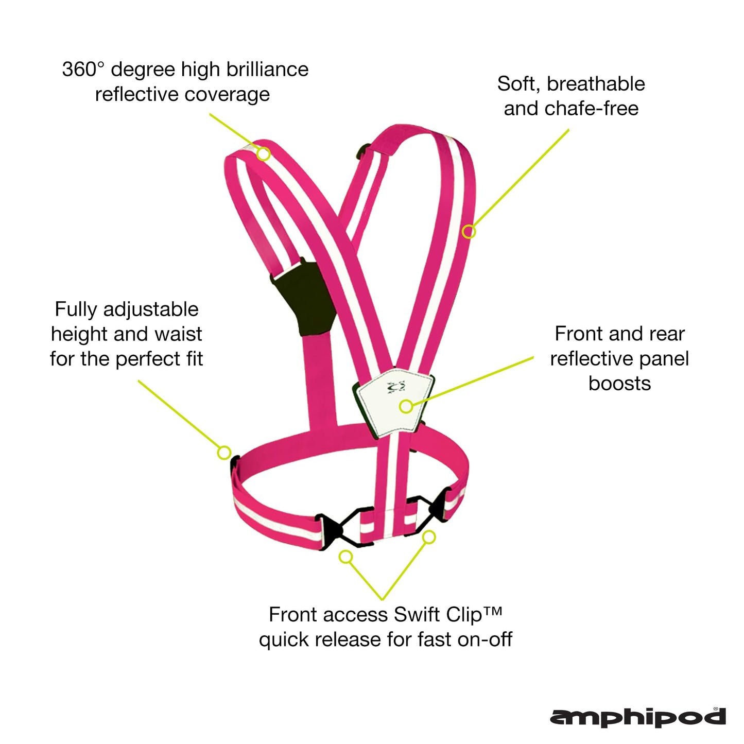 Amphipod Xinglet Vest, Outdoor High Visibility Reflective Straps Safety Vest for Road Running, Jogging & Walking - Bright Pink - OS