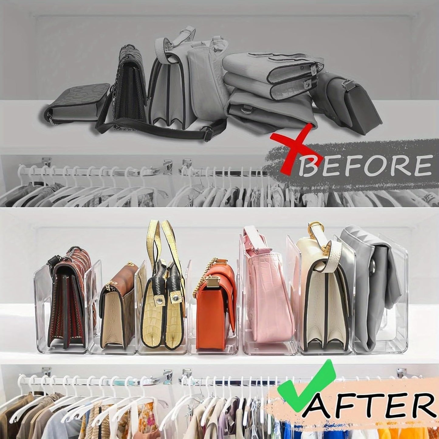 4PCS 3 Sections (Wide 4.2inch) Wallet Organizer for Closet, Handbag Storage, Bookshelves, Bag Organizer, Acrylic Desktop File Organizer, Desktop Accessories Organizer (Clear)