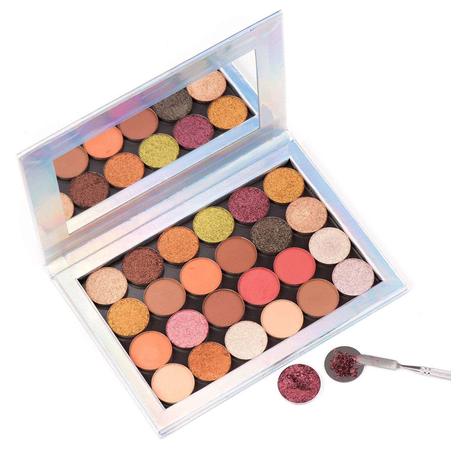 100Pcs Metal Stickers for Magnetic Palette Empty Eyeshadow Makeup Palette + Depotting Spatula (50Pcs Round + 50Pcs Square)