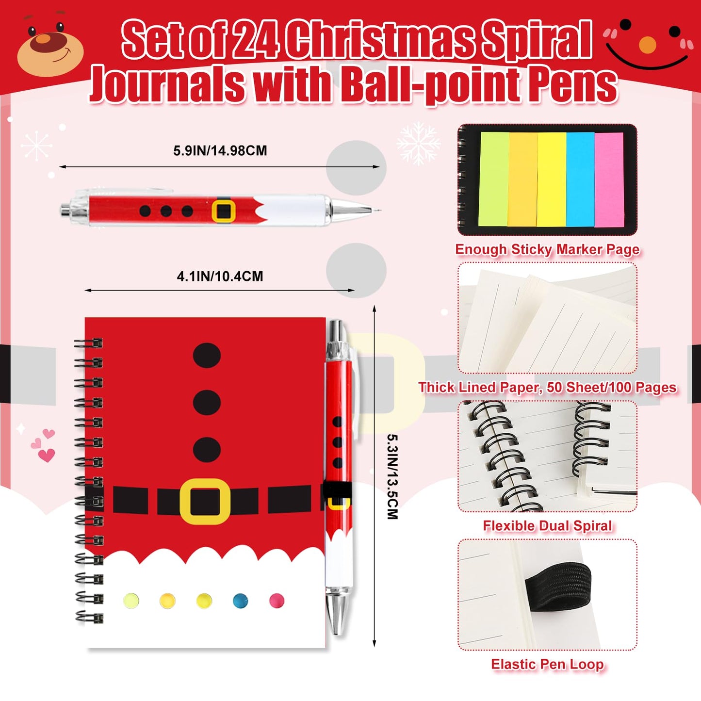 48 Pcs/24 Set Christmas Spiral Notepads Bulk Christmas Party Favors Gift Festive Christmas Theme Notebook with Sticky Note Notepad Ballpoint Pen for Kids School Party Holiday Stocking Stuffers (Classic)