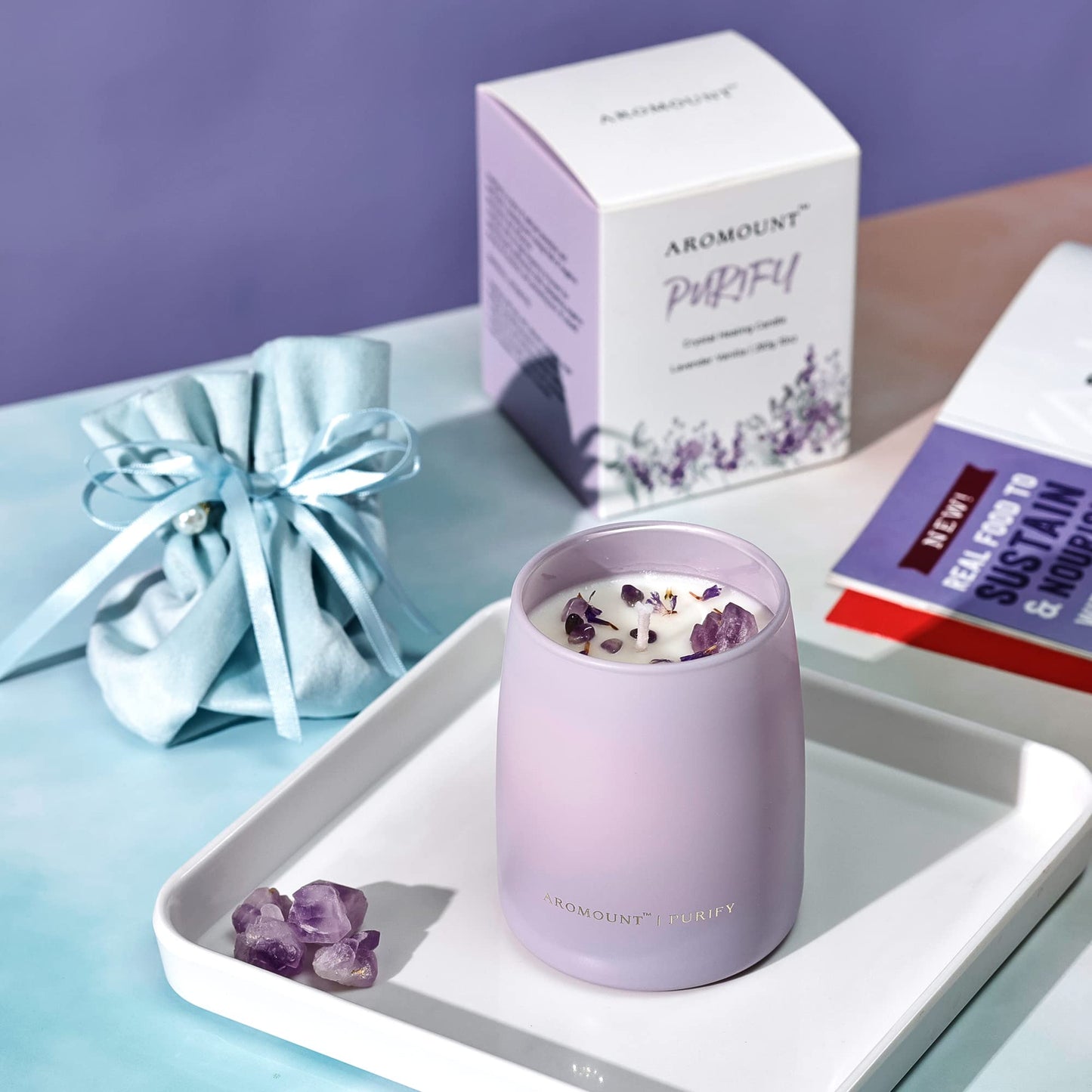 Lavender Vanilla Scented Crystal Candle, Luxury Gift for Women, 10oz Natural Soy Candle with Spiritual Aromatherapy