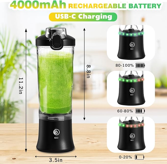 Portable Blender Personal Juicer for Shakes and Smoothies - 20 OZ Electric Protein Shaker Bottle with Insulated Sleeve, Travel Lid, USB-C Rechargeable - Mini Small Blender Cup for Kitchen, Office, Gym