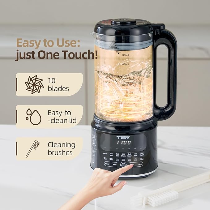 50OZ Nut Milk Maker Machine, TER 10-in-1 Soy Milk Maker for Almond/Oat/Soy Milk, Juice, Milkshake, Rice Paste, Auto Clean/24H Preset Time/12H Keep Warm, with 7 Accessories, Black