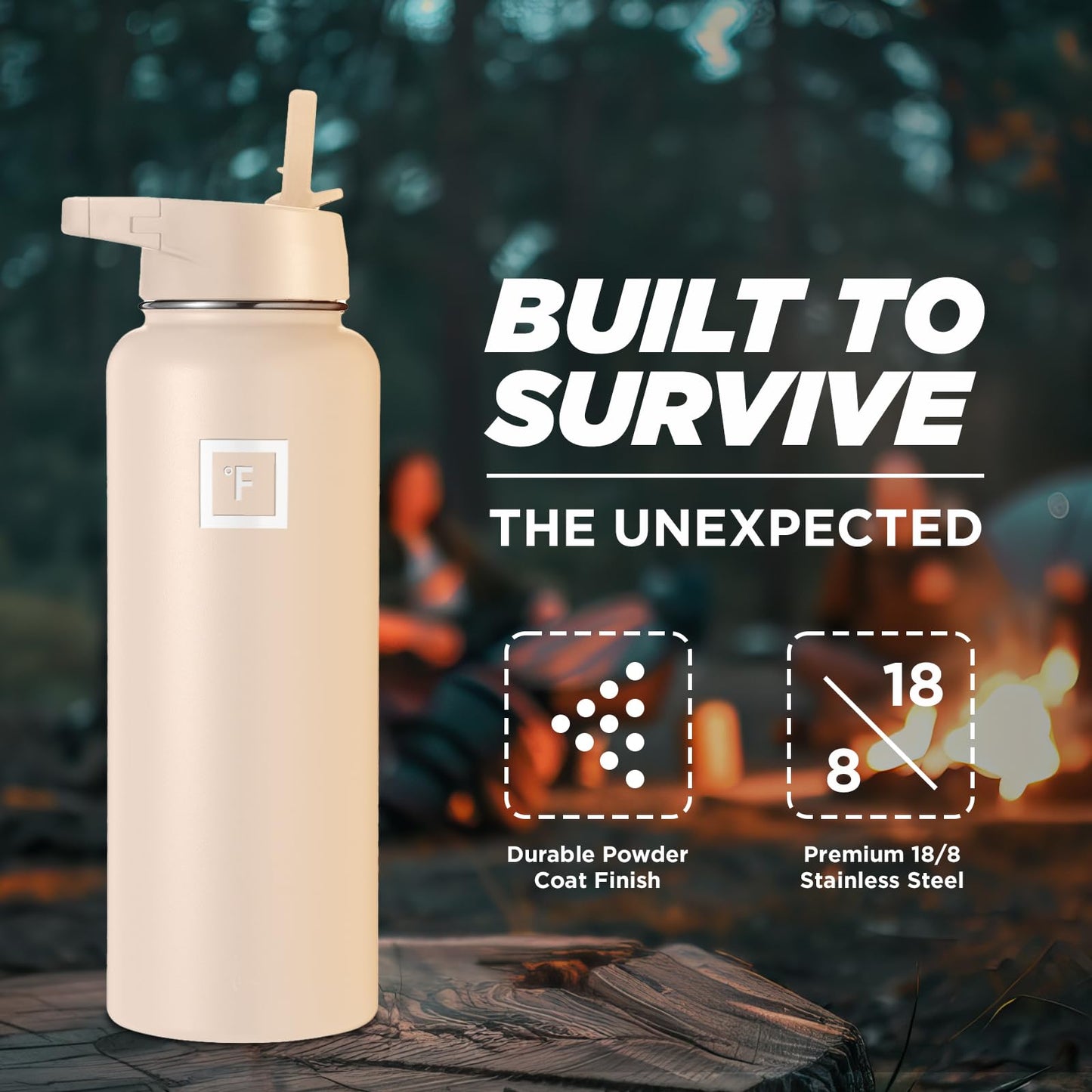 IRON °FLASK Camping & Hiking Hydration Flask, Wide Mouth, 3 Straw Lids, Stainless Steel Outdoor Water Bottle, Double Walled, Insulated Thermos, Metal Canteen - Sand, 22 Oz