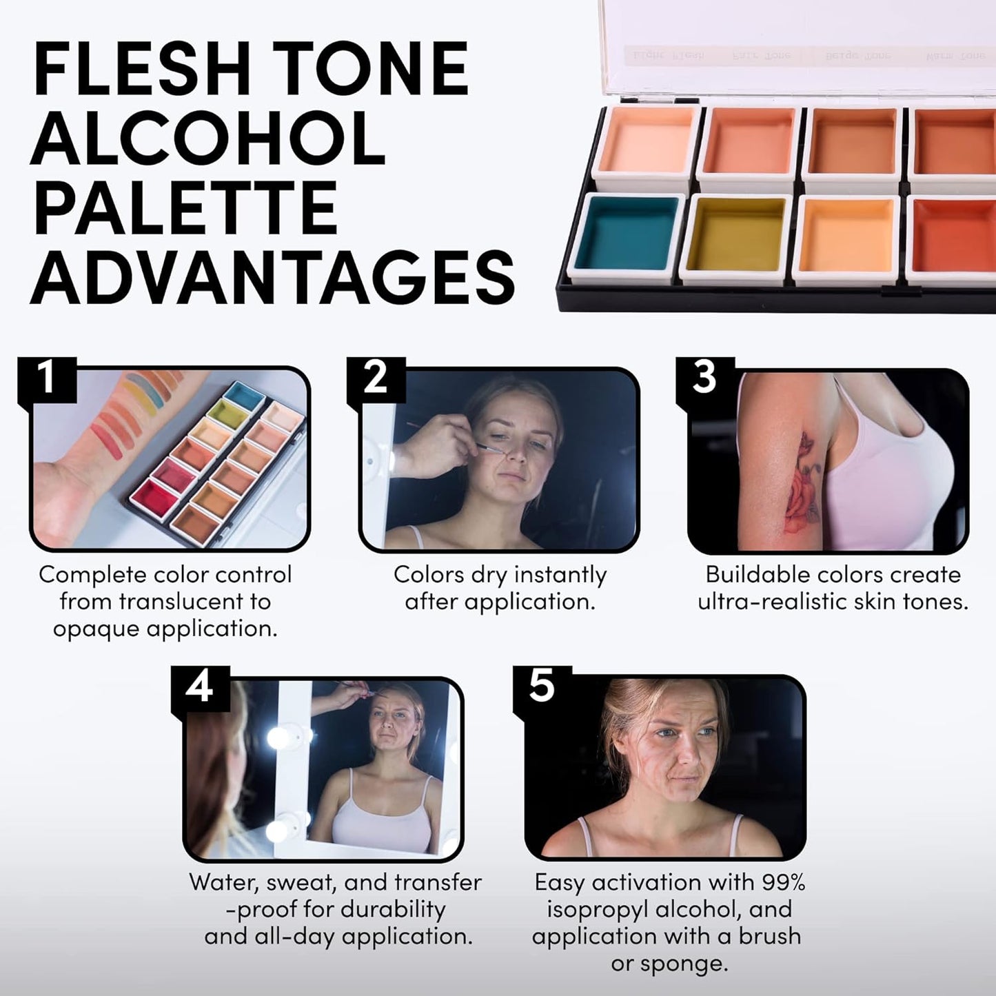 12-Color Flesh Tone Alcohol-Activated Palette, Tattoo Cover, Highly Pigmented Professional SFX Makeup for Film, Theatre, TV