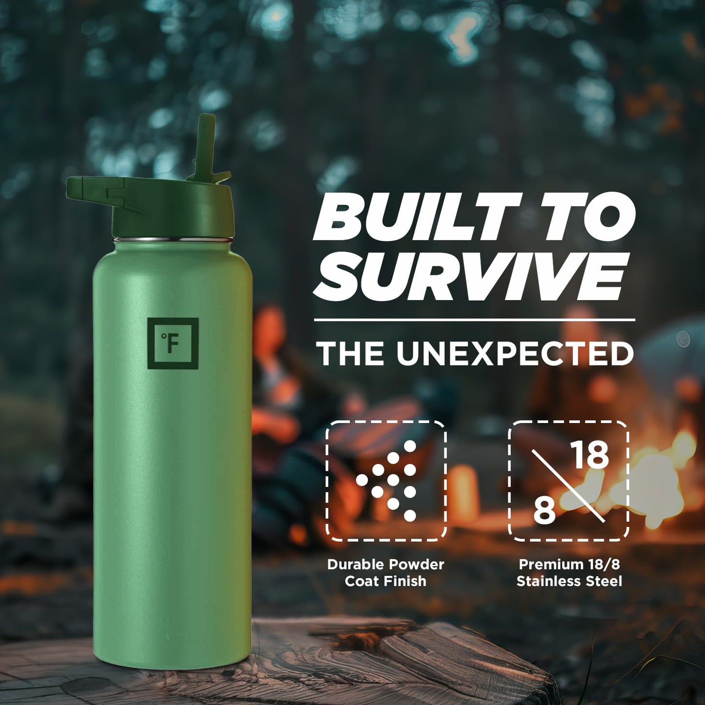 IRON °FLASK Camping & Hiking Hydration Flask, Wide Mouth, 3 Straw Lids, Stainless Steel Outdoor Water Bottle, Double Walled, Insulated Thermos, Metal Canteen - Sage Grove, 40 Oz