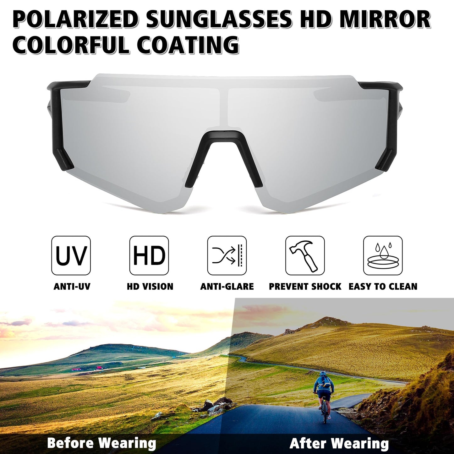 STORYCOAST Polarized Sports Sunglasses for Men Women,Bike Glasses Cycling Mountain Bike Sunglasses UV403 Protection Black-Silver