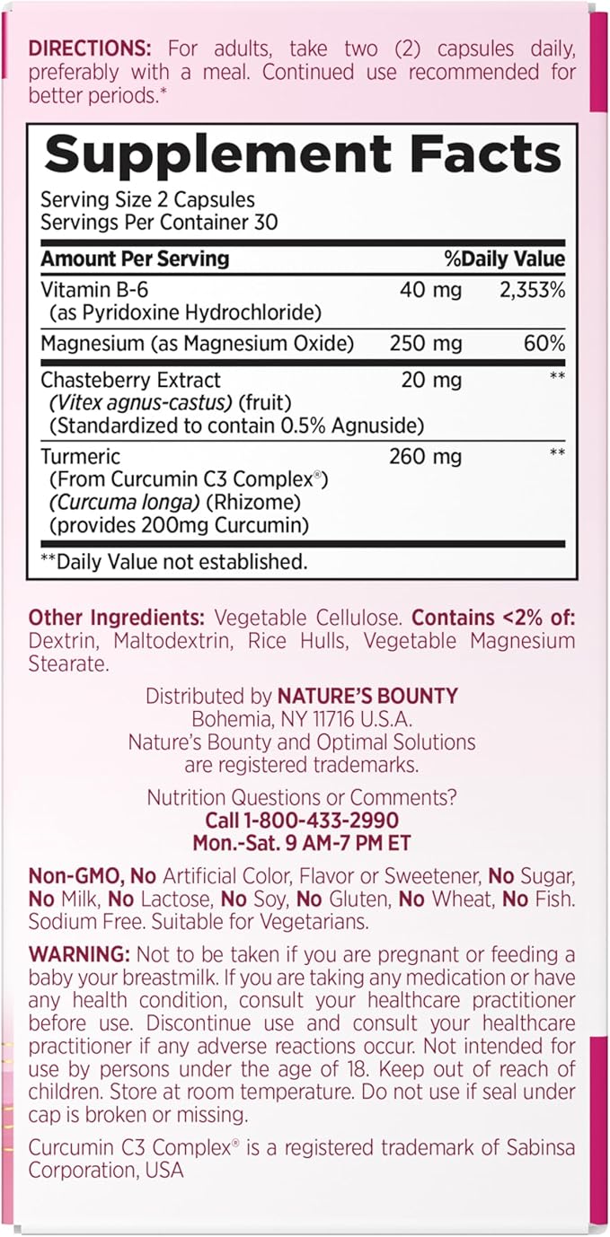 Nature's Bounty Optimal Solutions Advanced PMS Relief for Menstrual Cycle Support; Period Relief; PMS Support Supplement for Women – Chasteberry; Hormone-Free; 60 Capsules