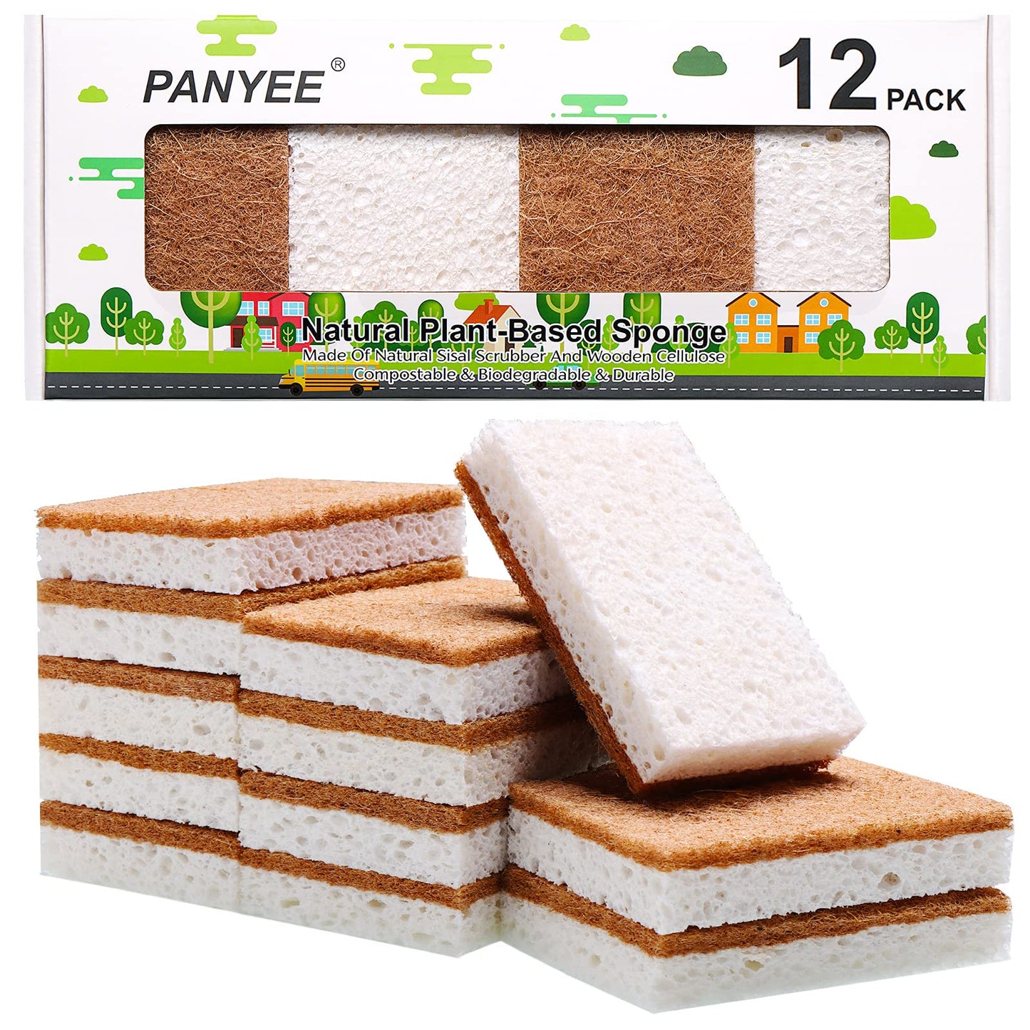 Natural Sponge Kitchen 12Pack,Eco Friendly Non-Scratch Scrub Sponge,Biodegradable Sisal Scrubber with Compostable Kitchen Sponges for Dishes Cleaning…