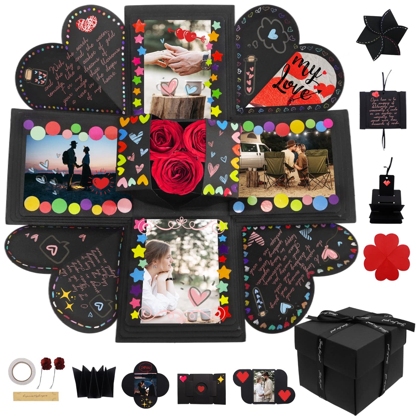 Explosion Box Gifts,Surprise Creative DIY Photo,Exploding Love Box,Love Memory Photo Box with 4 Faces for Anniversary,Birthday,Valentine's Day and Wedding(Black) Square