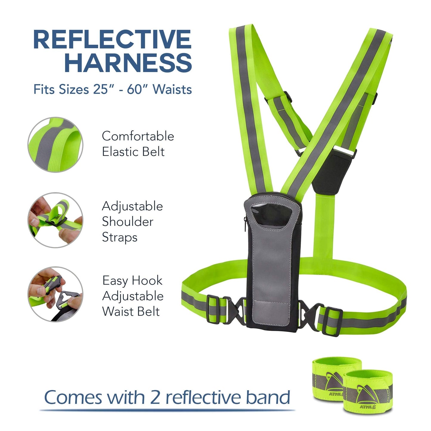 Athlé Reflective Vest and Bands with Phone and Storage Pouch, Adjustable Stretch Waist Belt - Neon Yellow Straps - High Visibility Safety Gear for Running, Jogging, Biking, and Hiking