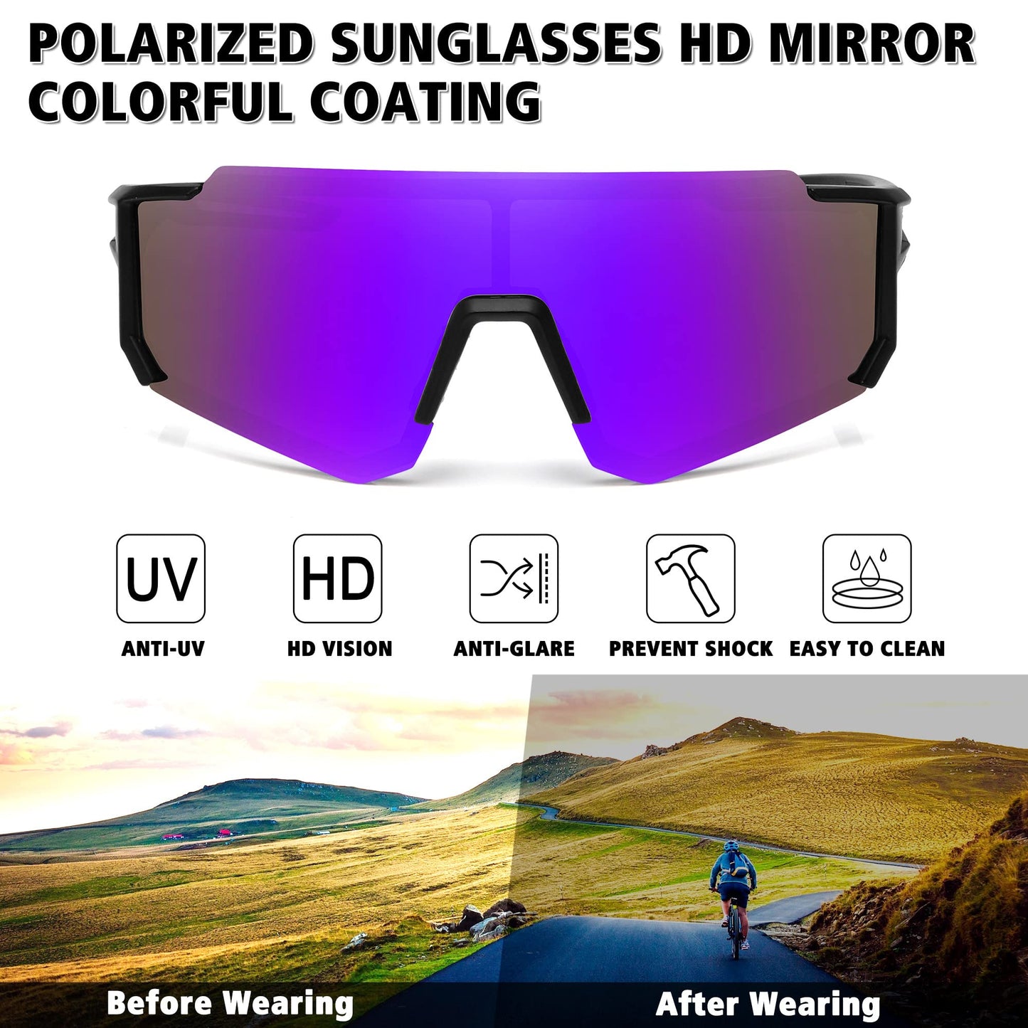 STORYCOAST Polarized Sports Sunglasses for Men Women,Bike Glasses Driving Fishing Cycling Mountain Bike Sunglasses UV400 Protection Black Frame-Purple Mirror Lens