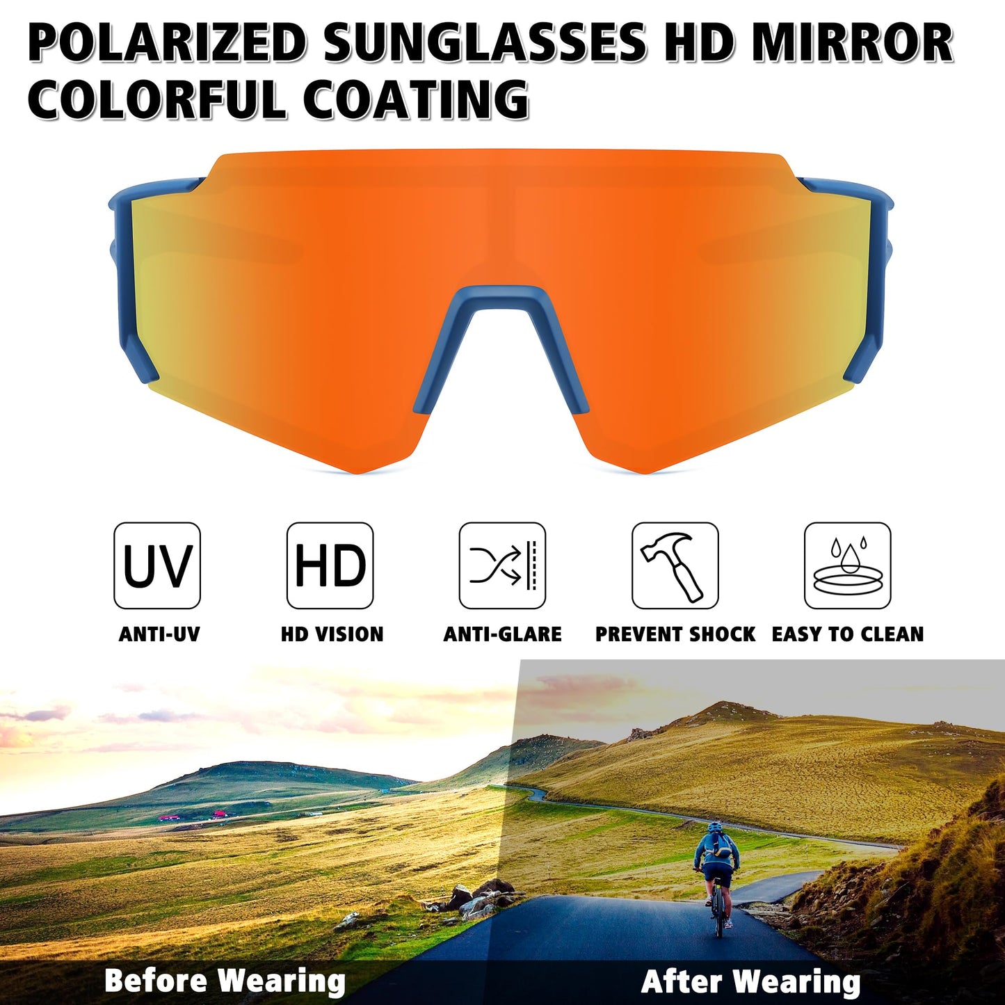 STORYCOAST Polarized Sports Sunglasses for Men Women,Driving Fishing Cycling Mountain Bike Sunglasses UV400 Protection Blue Frame-Red Mirror Lens