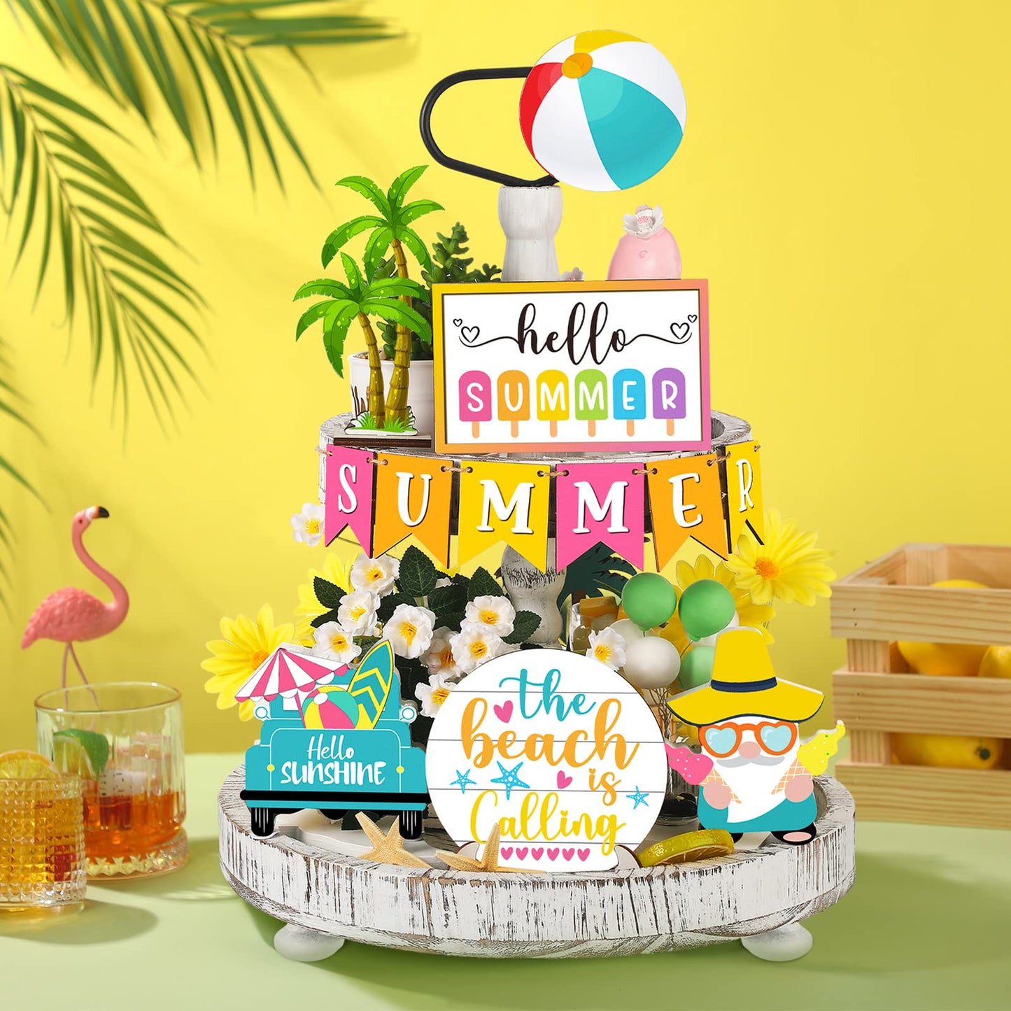 12 Pcs Tiered Tray Decor Set - Hello Summer Hawaii Farmhouse Rustic Beach Gnome Wood Sign Items for Home Table Kitchen Shelf Decor
