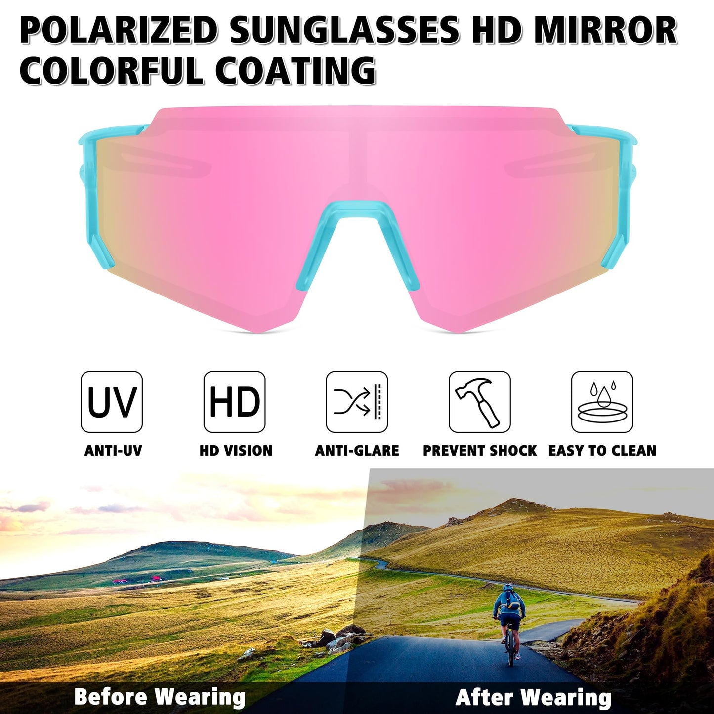 STORYCOAST Polarized Sports Sunglasses for Men Women,Driving Fishing Cycling Mountain Bike Sunglasses UV400 Protection Clear Blue Frame-Pink Mirror Lens