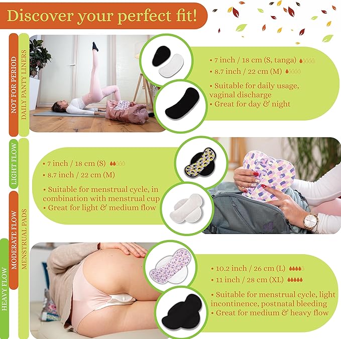 Non-Slip Organic Reusable Period Pads for Light Flow (S+M, 6-Pack); High-Temp Washable Cotton Cloth Pads for Women & Teens; Non-Irritating, Soft Reusable Pads Menstrual for Comfortable Period Care