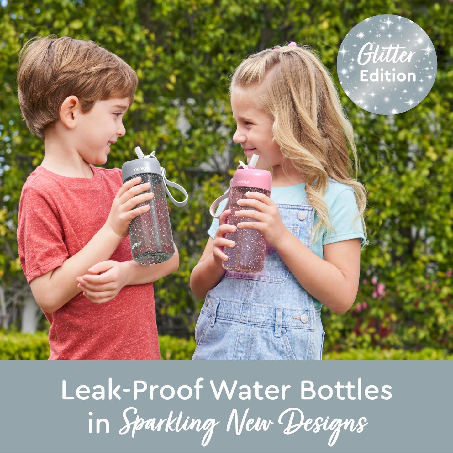 Bentgo Kids Water Bottle - Glitter Design, Leak-Proof, Durable Tritan™ 15 oz Cup for Kids/Toddlers 3+; Flip-Up Straw/Dishwasher Safe for School, Sports, Daycare, Camp (Glitter Edition - Silver)