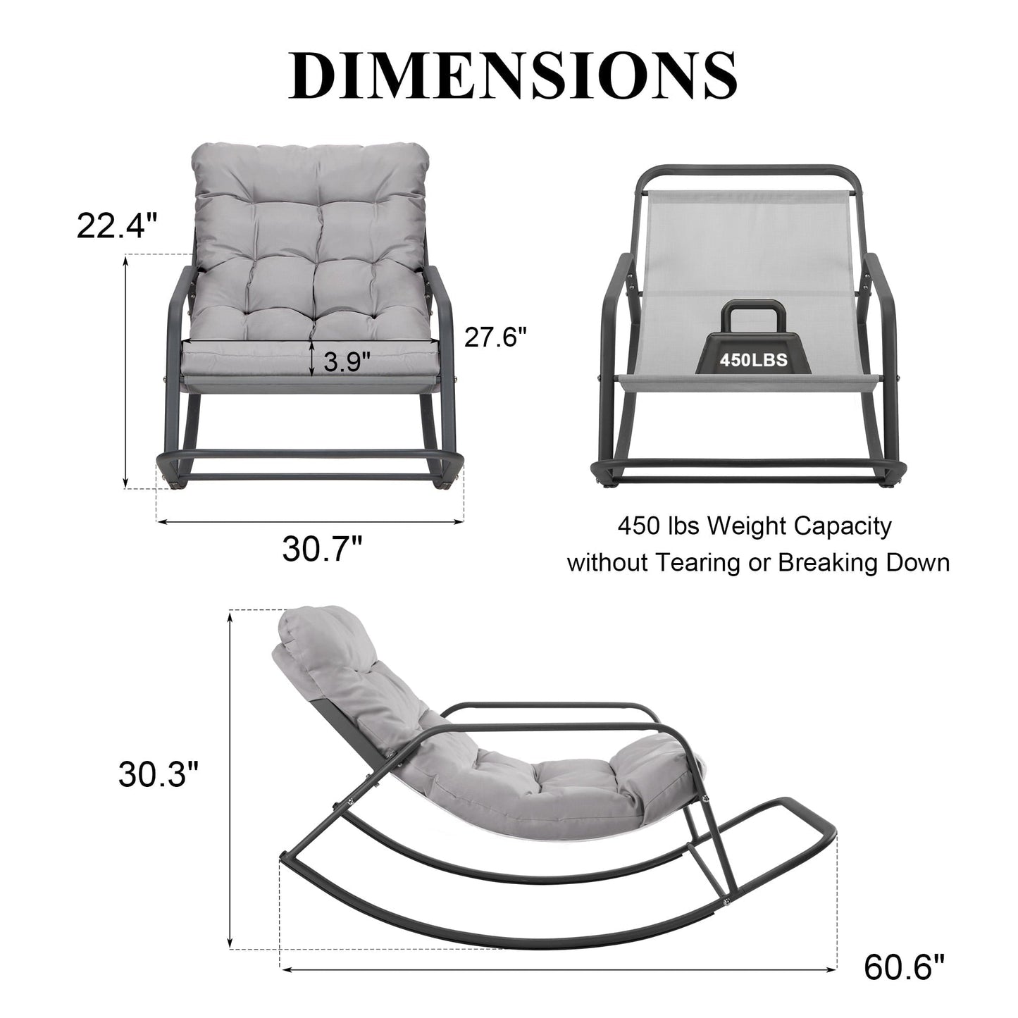RADIATA Oversize Rocking Chair with Cushion & Footrest, Indoor Outdoor Rocking Chair Recliner, 450 lbs Capacity, Light Grey
