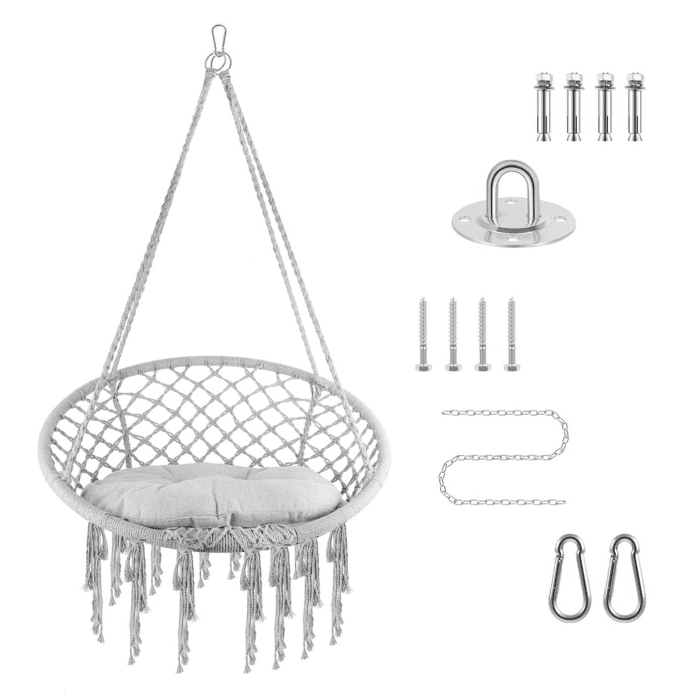 Gray Hanging Chair, Gentle Support Cushion, Breathable Seat, Rust-Resistant Steel, Lightweight 11.7 lbs, Hanging Cotton Rope Chair, Kids Room, Bedroom, Courtyard, Lawn