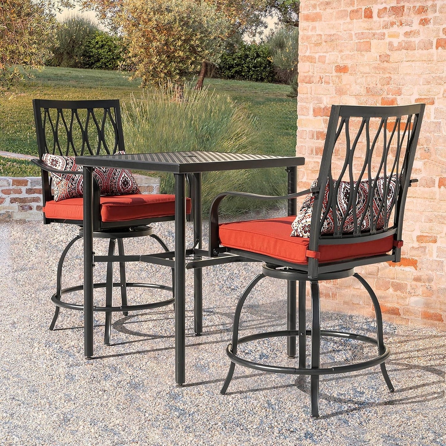 ETHFRF Patio Bar Table with Umbrella Hole, Steel Metal Frame Bar Height Bistro Table, Outdoor Bar Table for Garden, Backyard, Patio and Poolside, Black