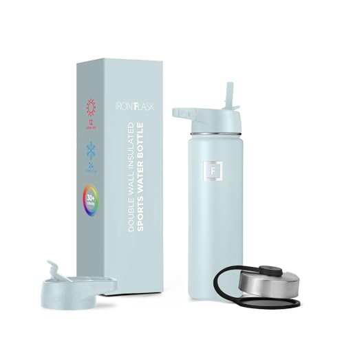 IRON °FLASK Camping & Hiking Hydration Flask, Wide Mouth, 3 Straw Lids, Stainless Steel Outdoor Water Bottle, Double Walled, Insulated Thermos, Metal Canteen - Morning Mist, 22 Oz