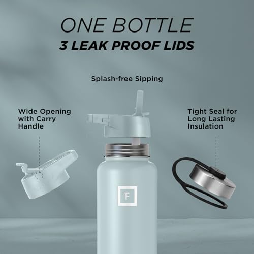 IRON °FLASK Camping & Hiking Hydration Flask, Wide Mouth, 3 Straw Lids, Stainless Steel Outdoor Water Bottle, Double Walled, Insulated Thermos, Metal Canteen - Morning Mist, 22 Oz