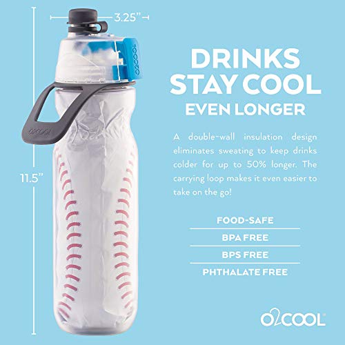 O2COOL Mist 'N Sip Misting Water Bottle No Leak Pull Top Spout Sports Water Bottle 20 oz (Baseball)