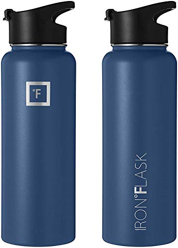 IRON °FLASK Camping & Hiking Hydration Flask, Wide Mouth, 3 Straw Lids, Stainless Steel Outdoor Water Bottle, Double Walled, Insulated Thermos, Metal Canteen - Fire Red, 40 Oz