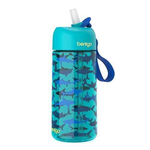 Bentgo Kids Water Bottle - Leak-Proof, Durable Tritan™, BPA-Free 15 oz. Cup for Kids/Toddlers Ages 3+ - Flip-Up Straw & Dishwasher Safe for School, Sports, Daycare & Camp (Sharks)