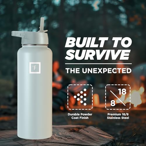 IRON °FLASK Camping & Hiking Hydration Flask, Wide Mouth, 3 Straw Lids, Stainless Steel Outdoor Water Bottle, Double Walled, Insulated Thermos, Metal Canteen - Morning Mist, 22 Oz