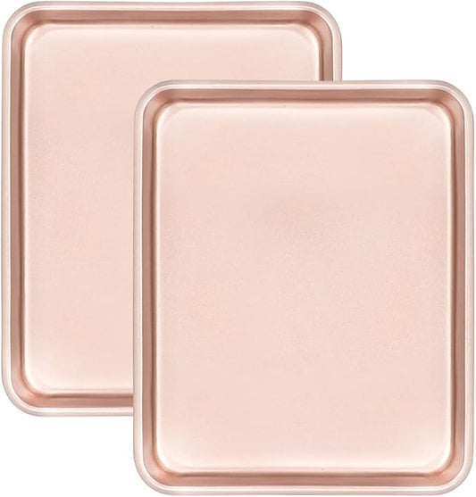11" x 9" Baking Pans, Cookie Sheets Set of 2, Nonstick Toaster Oven Pan Set for Baking, Heavy Duty Carbon Steel Non-toxic Oven Replacement Cookie Tray for Kitchen Bakery, Gold