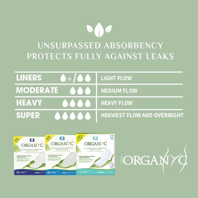 Organyc New and Improved 100% Certified Organic Cotton Inside and Out Overnight Feminine Pads, Heaviest Flow, Super Absorbency, 28 Count