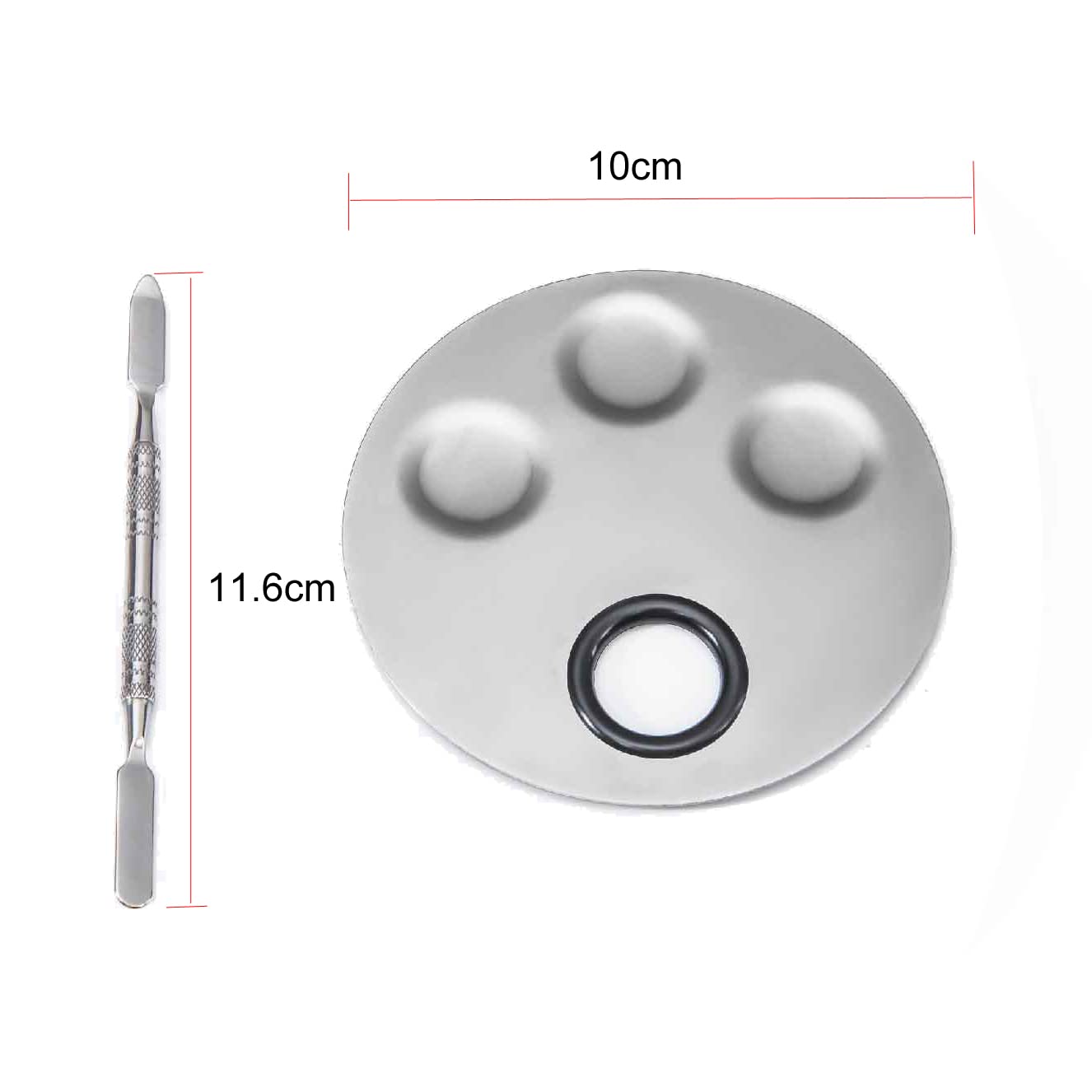 1 Set Round Stainless Steel 3-Well Cosmetic Makeup Palette with Spatula Cosmetic Artist Palette Mixing Palette with Spatula Nail Art Eye Shadow Lipsticks Mixing Makeup Tools, Silver