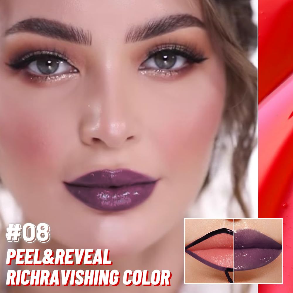 Deep Berry Lip Stain Peel Off Lip liner and Lip oil with Tweezer, Dual-Ended Peel Off Lip Stain Tattoo, Highly Pigmented Long Lasting Waterproof, Transfer-proof for All Skin Types, 08#