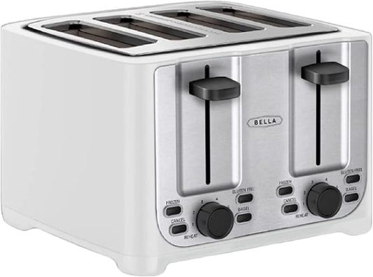 BELLA 4 Slice Toaster with Auto Shut Off - Extra Wide Slots & Removable Crumb Tray and Cancel, Defrost & Reheat Function - Toast Bread & Bagel, White