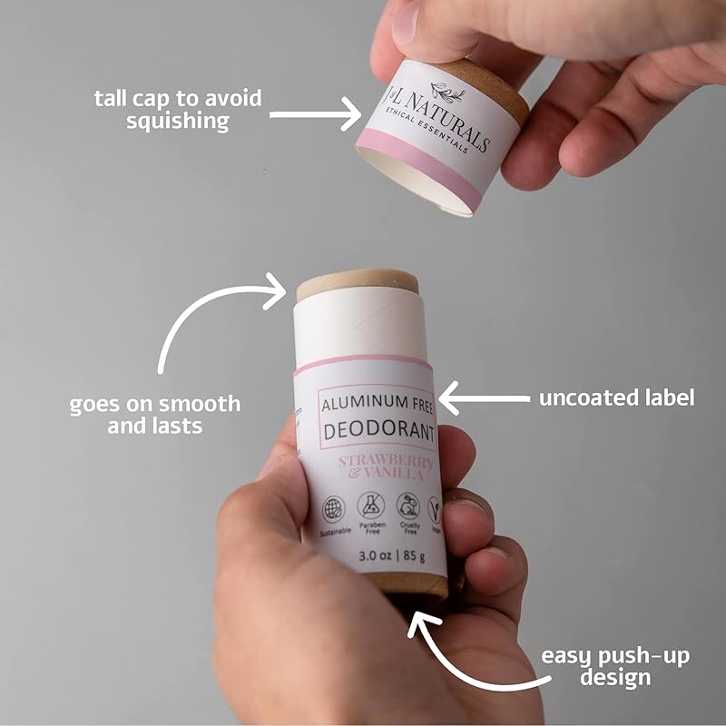 J&L Naturals Aluminum Free Deodorant for Men & Women | 100% Natural Ingredients With Coconut Oil, Shea Butter, & Essential Oils | Sustainable, Eco-Friendly (Strawberry & Vanilla, 3.0 Oz (Single))