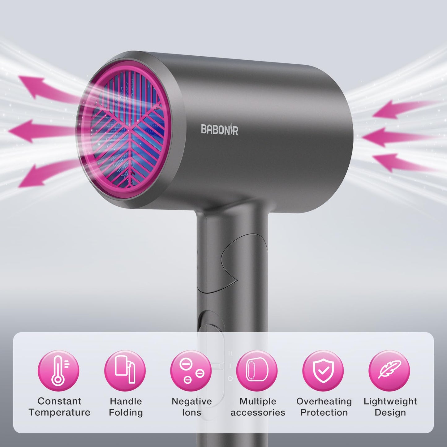 BABONIR Diffuser Hair Dryer, 1875W Fast-Drying, Foldable, Ionic Turbo Blow Dryer with Diffuser & Concentrator Nozzle, Compact, 3 Heat & 2 Speed Settings, 8FT Cord for Home Salon, Gray