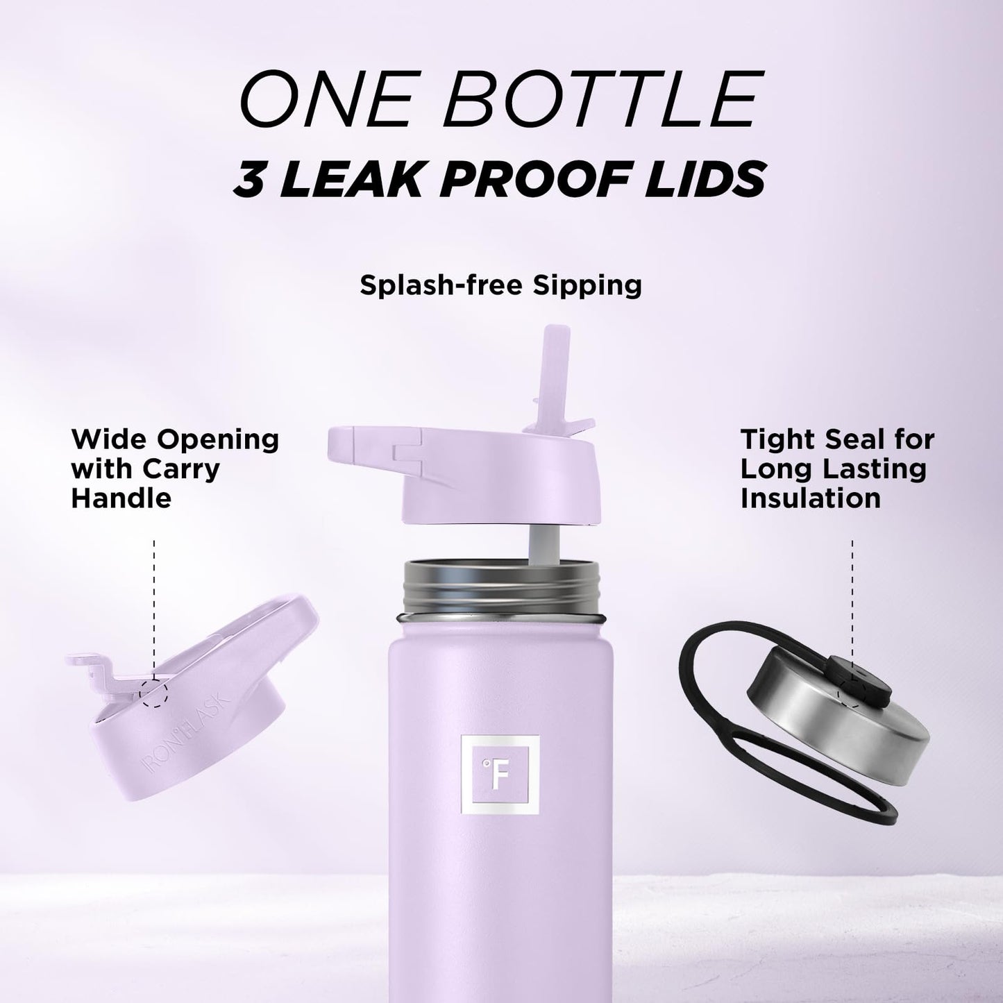 IRON °FLASK Camping & Hiking Hydration Flask, Wide Mouth, 3 Straw Lids, Stainless Steel Outdoor Water Bottle, Double Walled, Insulated Thermos, Metal Canteen - Lavender, 18 Oz