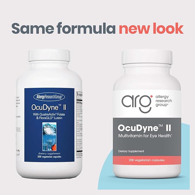 Allergy Research Group OcuDyne II Supplement - Eye Support Vitamins for Vision, Eye Health for Adults, Vision Support, Multivitamin Formula, QuatreActiv Folate, FloraGLO Lutein - 200 Count