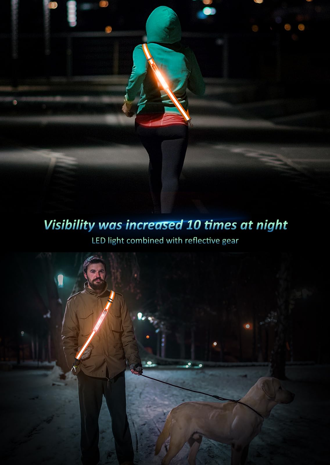 LED Reflective Belt Sash Walking Gear,Safety Lights for Walkers at Night,High Visibility Safety Rechargeable Reflective Running Gear for Men Women Kids Night Dog Walking Gear (Orange)