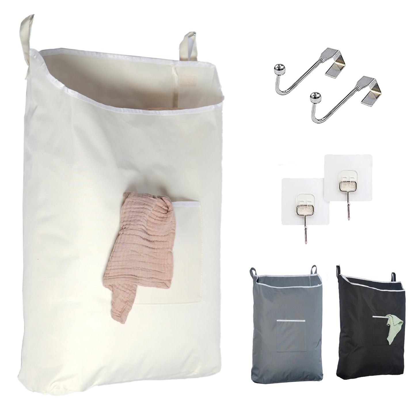 The Fine Living Co. Hanging Laundry Hamper with Over Door Hooks & Adhesive, Durable Space Saving Laundry Bag with Zipper and Wide Open Top, Hanging Dorm Laundry Hamper 18"x4.75"x28" (Beige-L)