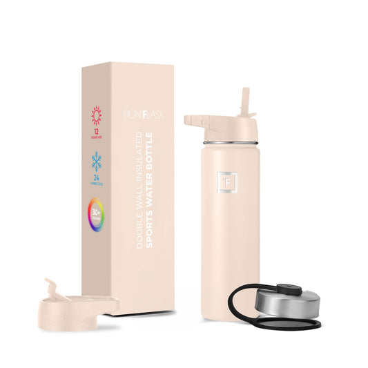 IRON °FLASK Camping & Hiking Hydration Flask, Wide Mouth, 3 Straw Lids, Stainless Steel Outdoor Water Bottle, Double Walled, Insulated Thermos, Metal Canteen - Sand, 22 Oz