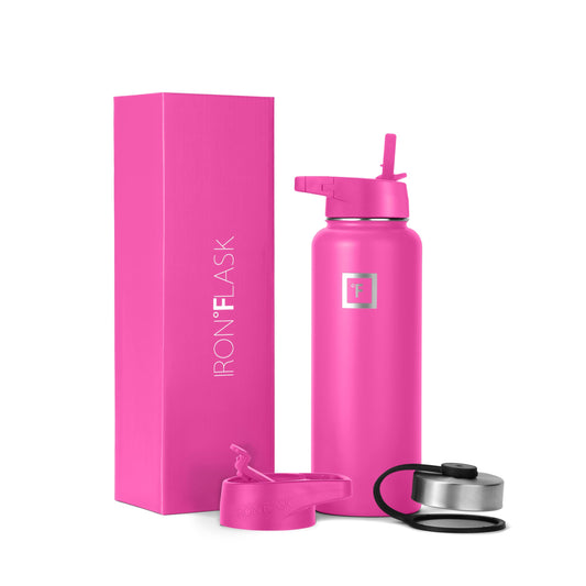 IRON °FLASK Camping & Hiking Hydration Flask, Wide Mouth, 3 Straw Lids, Stainless Steel Outdoor Water Bottle, Double Walled, Insulated Thermos, Metal Canteen - Pink Tulip, 40 Oz