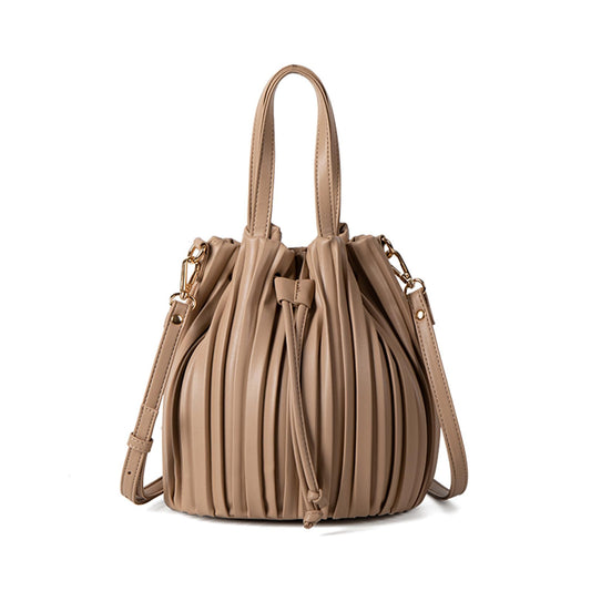 Extolove Mini Faux Leather Bucket Bags for Women Drawstring Crossbody Bucket Bag Purses Pleated Shoulder Handbags (Apricot)