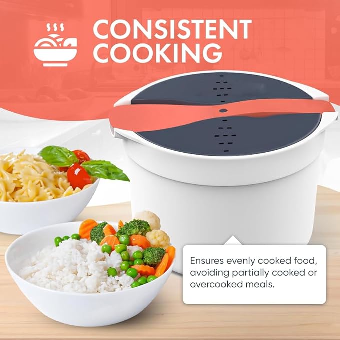 Microwave Rice Cooker Steamer, Microwave Pasta Cooker with Strainer, 2 L Microwave Cookware Set for Rice, Pasta, Vegetables, Quinoa, Oatmeal, Ramen Non stick (orange)