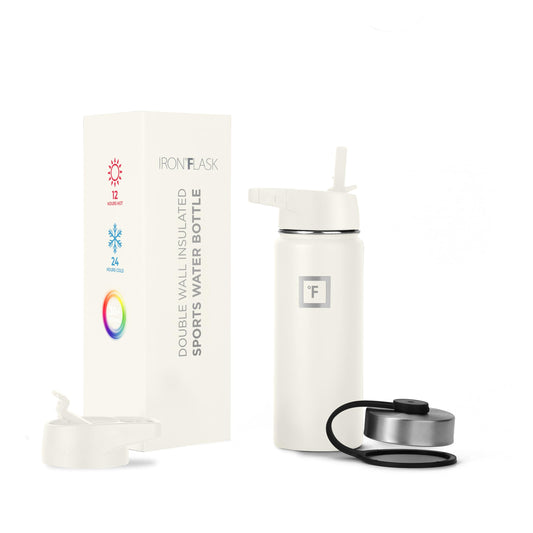 IRON °FLASK Camping & Hiking Hydration Flask, Wide Mouth, 3 Straw Lids, Stainless Steel Outdoor Water Bottle, Double Walled, Insulated Thermos, Metal Canteen - Cashmere Cream, 18 Oz