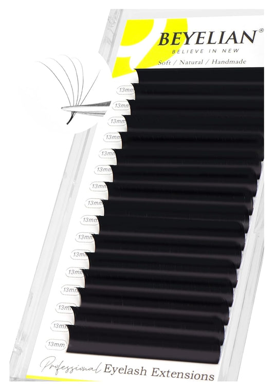 BEYELIAN Eyelash Extension Natural Matte Black 0.05D+ Curl 13mm Tray Easy Fan Lash Extensions Volume Lashes 100°/212°F High Temperature Resistant Classic Professional Use (0.05 D+ 13mm)